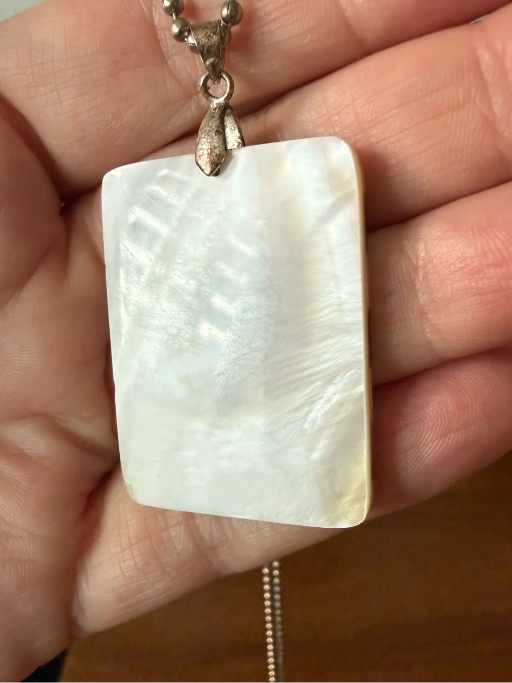 Vintage Mother-of-Pearl Abalone Checkered Pendant Necklace SilverTone Ball Chain